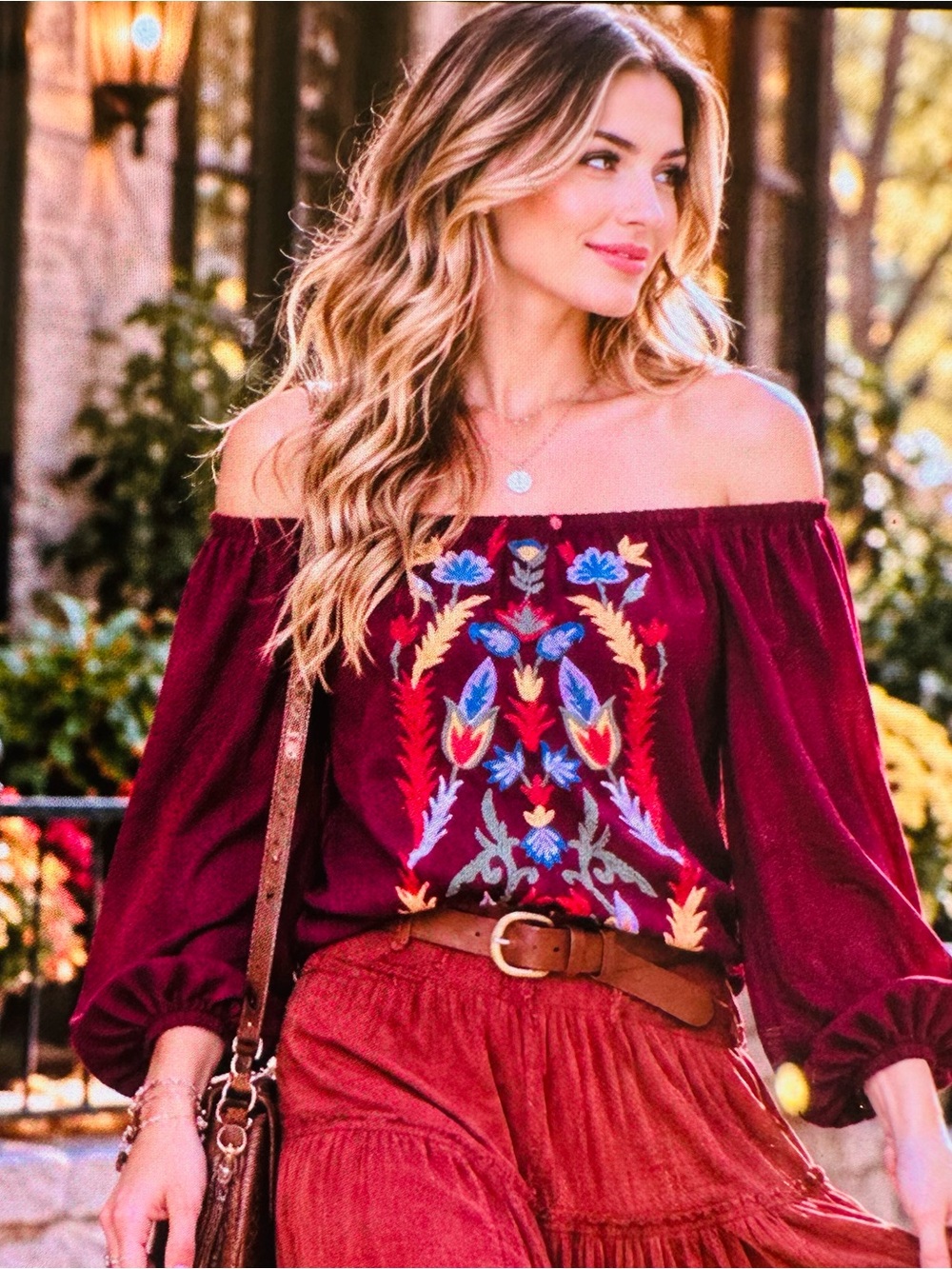 Solitaire Off-Shoulder Embroidered Burgundy Tunic boho